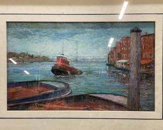 Signed Nancy Hubbe Tugboat Pastel on Wood