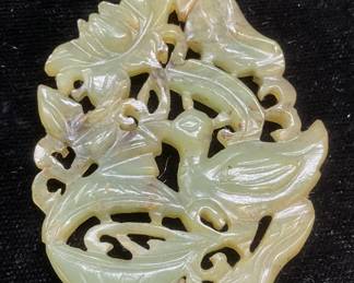 Vintage Asian Carved Jade Lotus Bird Pendant