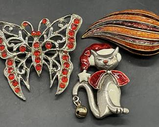 Lot 3 Vtg Butterfly, Cat & Teardrop Form Brooches