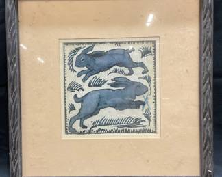 Framed Two Blue Rabbits Lithograph Print