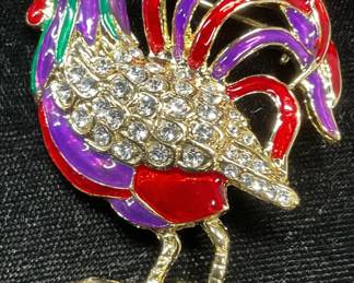 Ali Lang Gold Tone Crystal Rooster Brooch