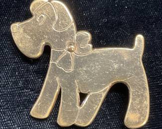 Vintage Gold Tone Dog With Bow Brooch