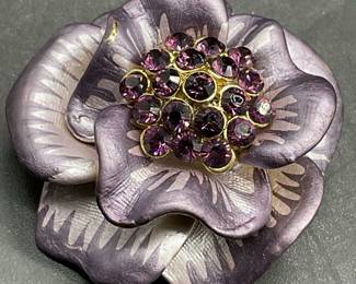 Purple Painted Gold Tn Metal Crystal Floral Brooch