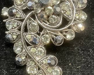 Silver Tone Crystal Flower Botanical Brooch