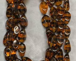 Vtg Amber & Black Glass Beaded Necklace, 30 In