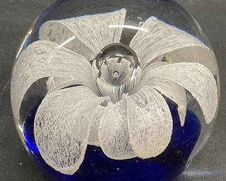 White & Blue Art Glass Flower Paperweight