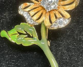 Nolan Miller Gold Tn Enamel Crystal Flower Brooch