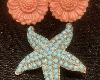 2 Faux Turquoise Starfish Brooch, Flower Earrings