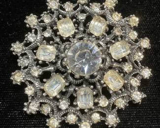 Vintage Silver Tone Crystal Flower Brooch