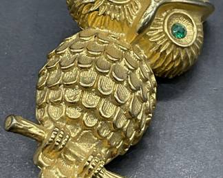 Vintage Green Crystal Eyed Owl Figural Brooch