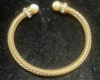 Gold Tone Cable Faux Pearl Crystal Cuff Bracelet