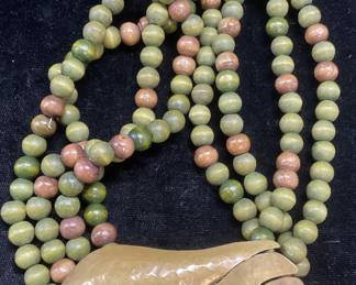 Vintage Green Beaded Brass Pendant Necklace