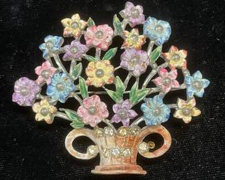 Vtg Enamel Crystal Flower Bouquet Brooch 3In W