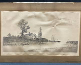 Antique Signed J HALLER Pastoral Barn Etching