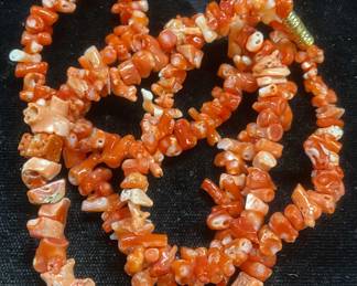 Lot 2 Vintage Red Coral Chip Beaded Necklaces