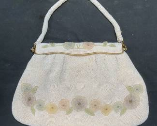Vintage White Beaded Floral Handbag, Japan