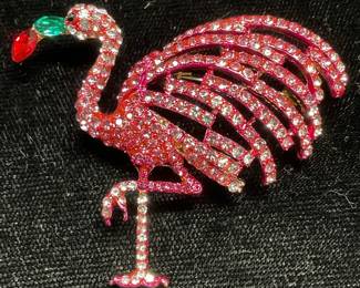 Gold Tone Pink Crystal Flamingo Brooch
