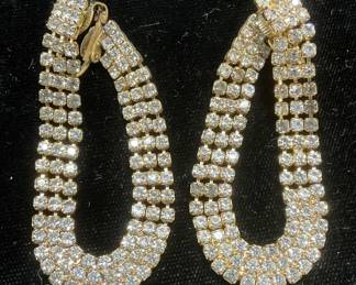 Vtg Gold Tn Crystal Chain Drop Earrings, 2.25in L