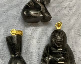 Lot 3 Vtg Black Stone Buddha, Dog, Hand Pendants
