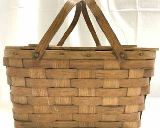 Vtg Woven Wood Slat Picnic Basket W Handles & Lid