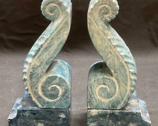 Pair Vtg Blue Alabaster Scroll Bookends, Italy