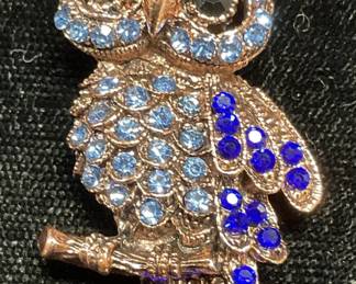 Gold Tone Blue Crystal Owl Brooch