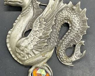 AJC Metal Dragon Clutching a Faceted Crystal Pin