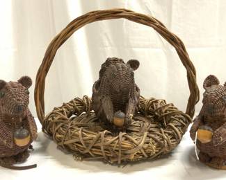 Lot 4 Woven Twig & Wicker Basket & Squirrels