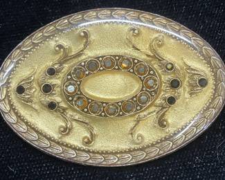 Vintage Yellow Lacquered Scroll Crystal Brooch