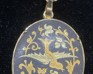Gold Tn Damascene Style Bird Pendant Necklace