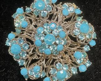 Vtg Silver Tone Blue Crystal Flower Brooch