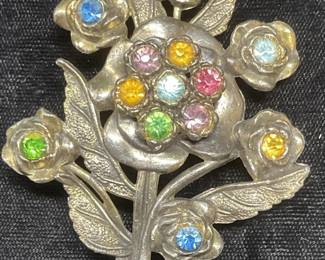 XL Vtg Silver Tn Crystal Flower Brooch, 3.25 In