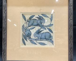 Framed Three Blue Rabbits Lithograph Print