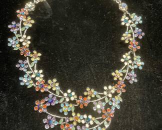 Silver Tn Enamel Crystal Flower Choker Necklace