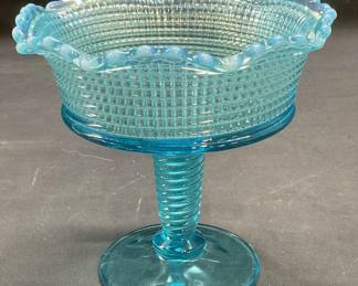 Blue Glass Round Scalloped Pedestal Bowl