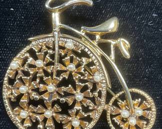 Vintage Gold Tone Faux Pearl Bicycle Brooch