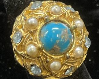 Vintage Gold Tn Faux Turquoise & Pearl Ring