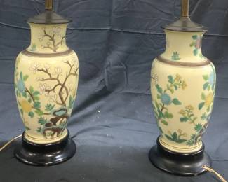 Pair Hand Painted Asian Porc Lamps W Shade