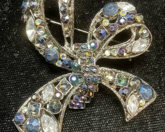 Silver Tone Blue Crystal Bow Ribbon Brooch