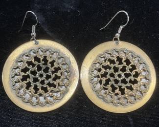 Vintage Gold Tone Round Medallion Earrings