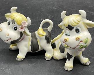 Pair Vintage Hand Painted Ceramic Cow Figurals