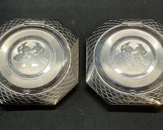Pair Vtg Silver Tone Makeup Powder Compacts