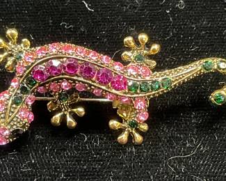 Gold Tone Pink Crystal Lizard Brooch