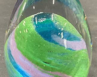 Hand Blown Green Purple Art Glass Paperweight