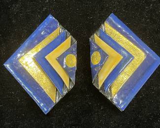 Vintage Blue & Gold Tn Geometric Lacquer Earrings