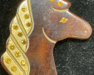 Vintage Lucite Gold Tn Crystal Horse Brooch