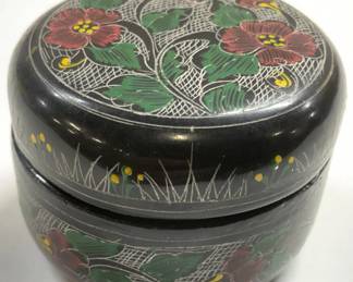 Etched Floral Lacquered Trinket Box W Lid
