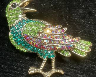 Gold Tone Green Crystal Bird Brooch