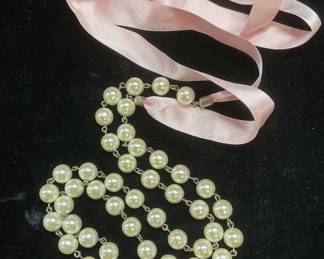 Faux Pearl Beaded Pink Ribbon Necklace