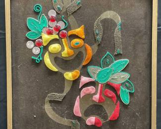 Framed Venetian Mask Beaded Fabric Panel
